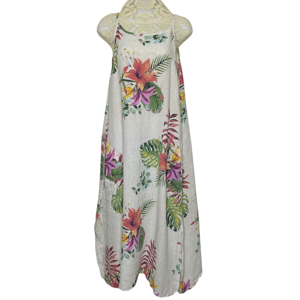 Lungo L'Arno Maxi‎ Dress Womens S White Tropical Floral Linen Made in Italy